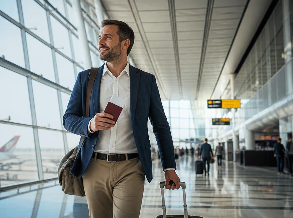 Expatriate business traveller with passport and luggage in an airport terminal