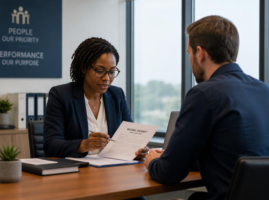 HR manager reviewing a Ghana work permit application with an expatriate employee