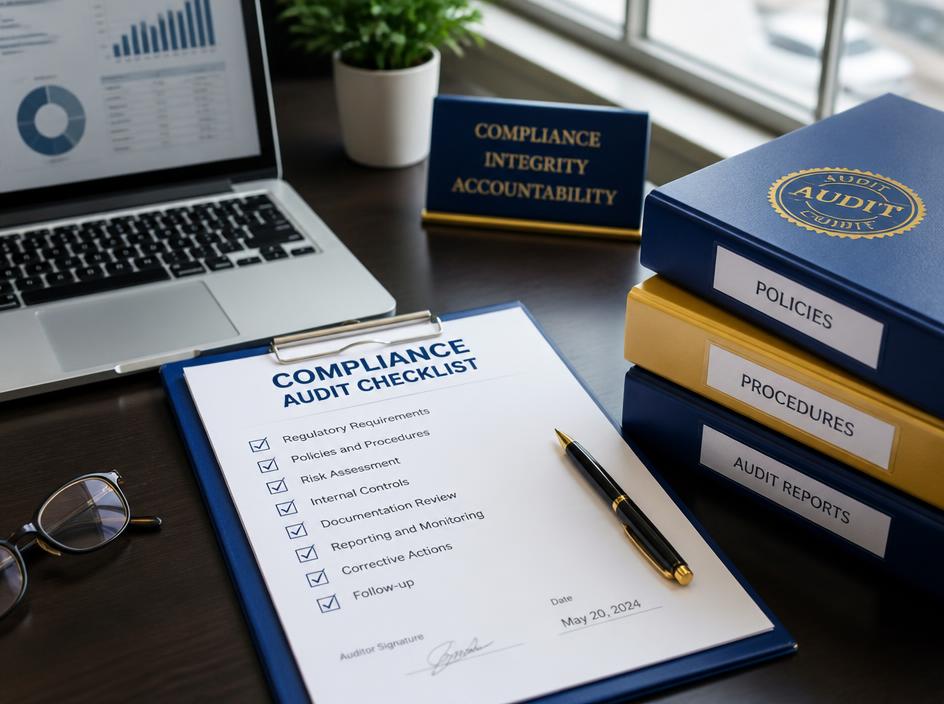 Immigration compliance audit checklist beside policy binders on a desk