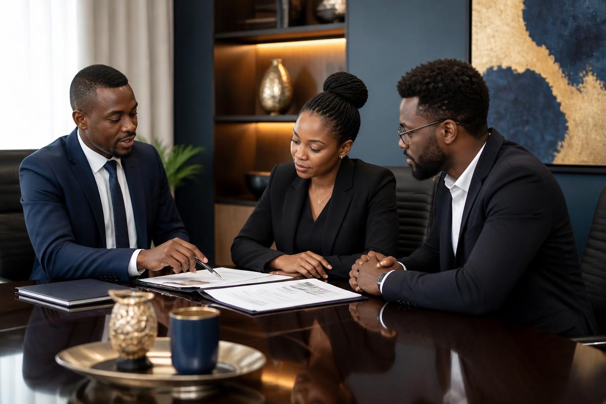 Corporate advisory team reviewing immigration documents in a professional boardroom
