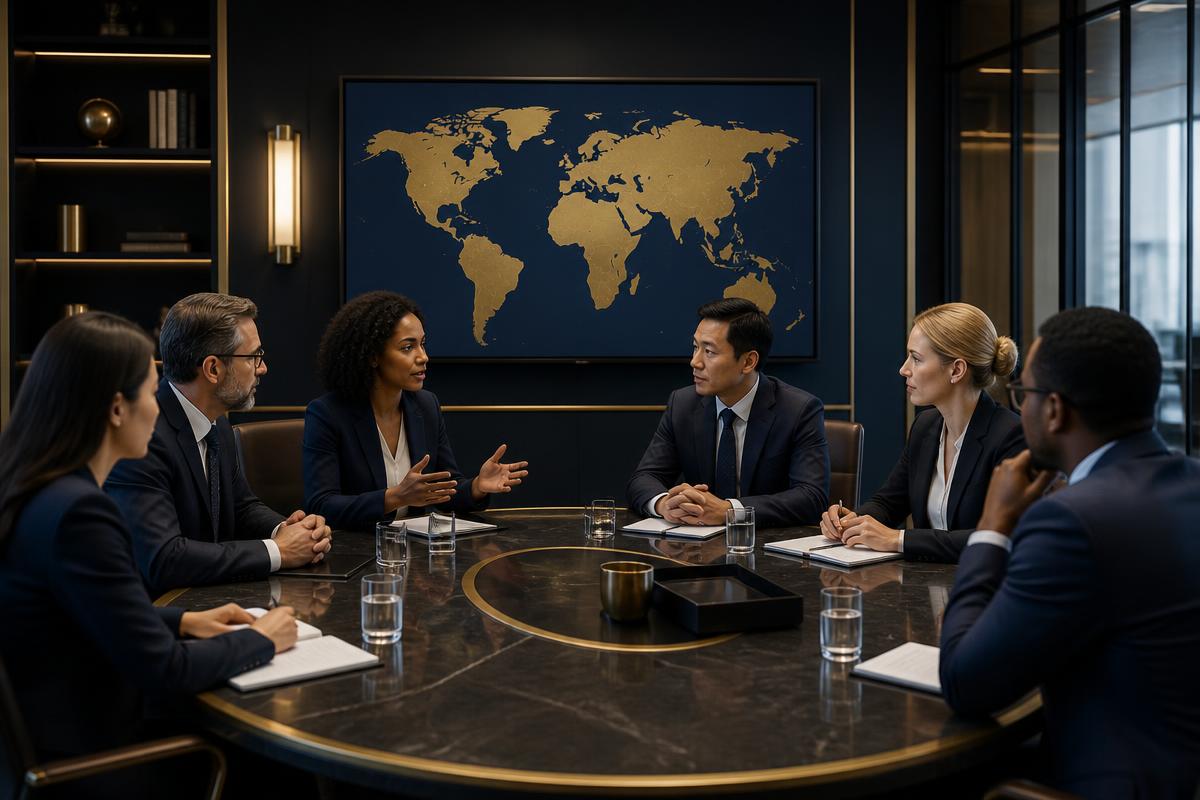 Global mobility team discussing international workforce strategy in a boardroom